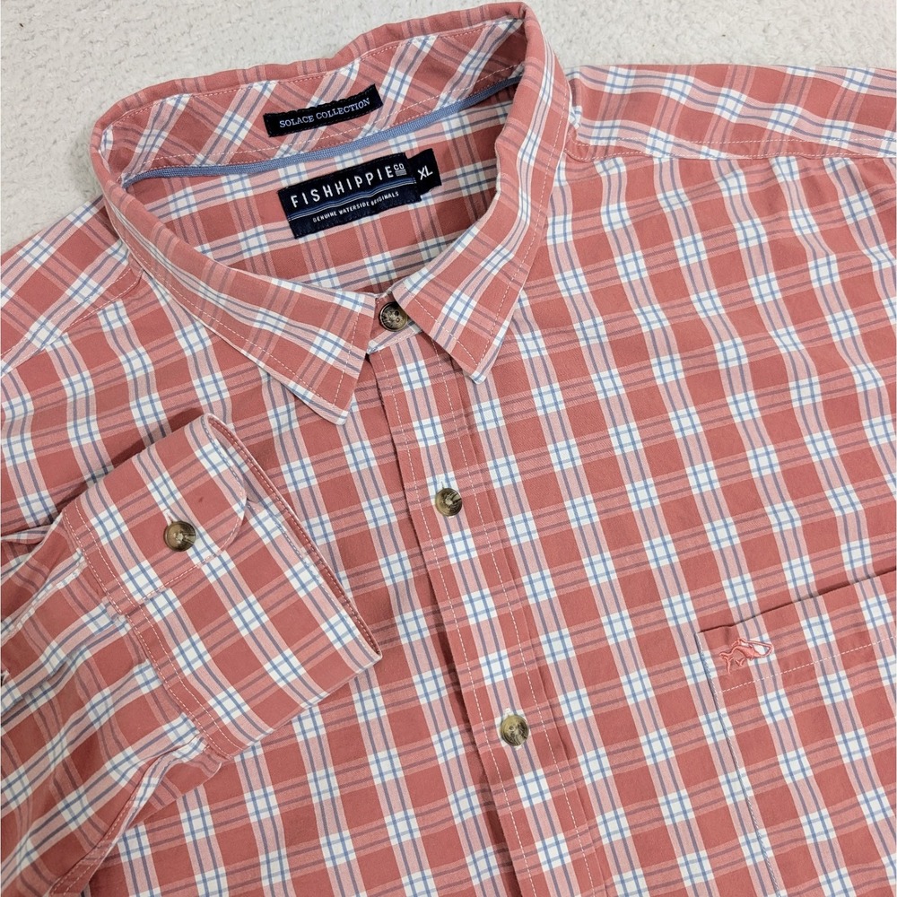 Fish Hippie Co Solace Collection Button Dress Shirt Mens XL Salmon Plaid Stretch
